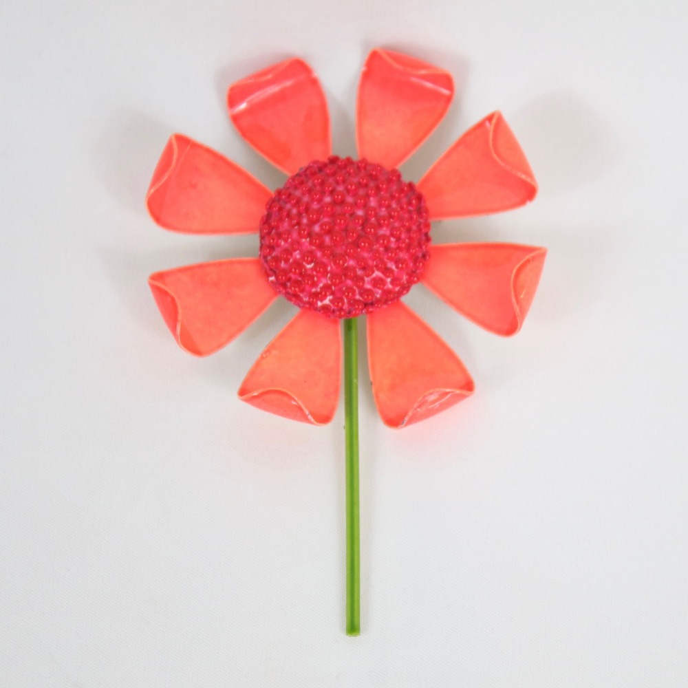 Vintage Coral Pink 1960s Mod Enamel Flower Power Statement Brooch Pin